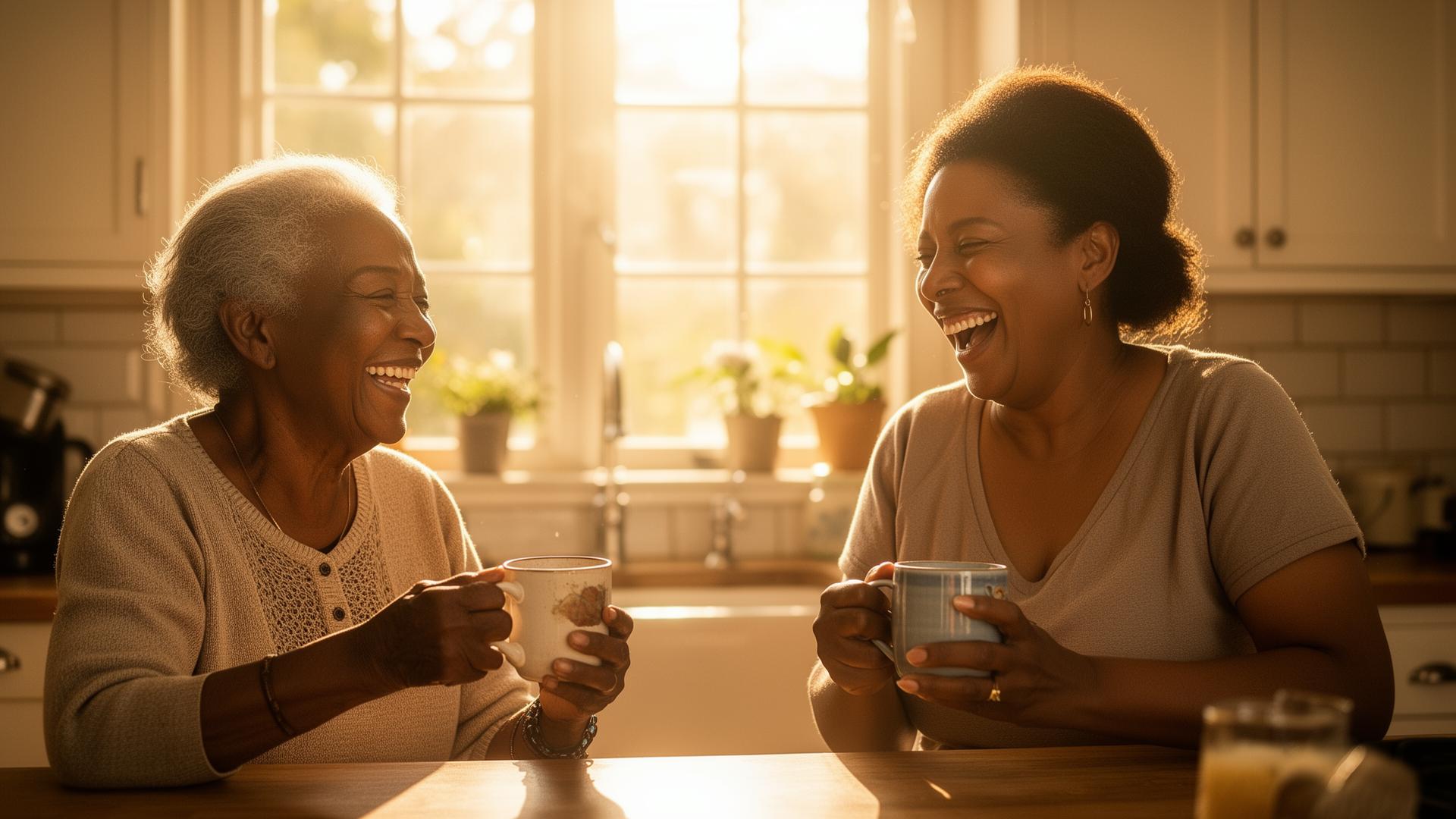 Caregiver laughing with elderly client over morning coffee
